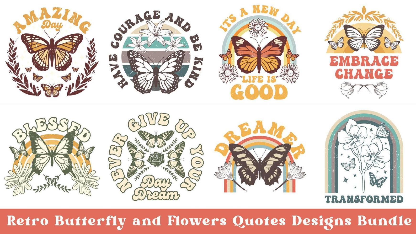 paquete de diseño de camiseta de mariposa retro, paquete de diseño de flores silvestres retro, conjunto de mariposa vector