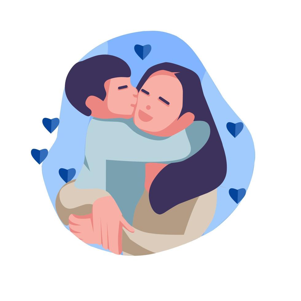 mother's day flat design, vector illustration of a child hugging and kissing his mother,