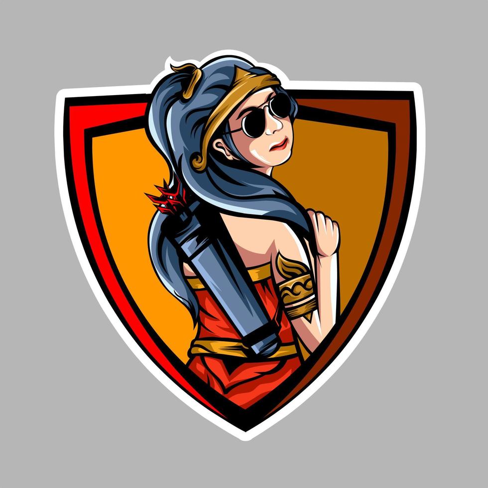 female character esport logo with arrow weapon, modern and cool, for gamers squad, team logo, esport logo, game squad, vector