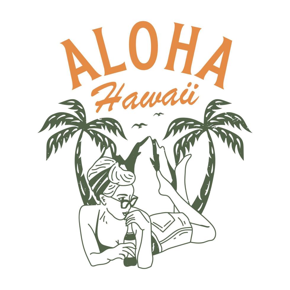 aloha hawaii vintage verano paraíso playa diseño de camiseta, niña y cerveza en la playa de palmeras vector