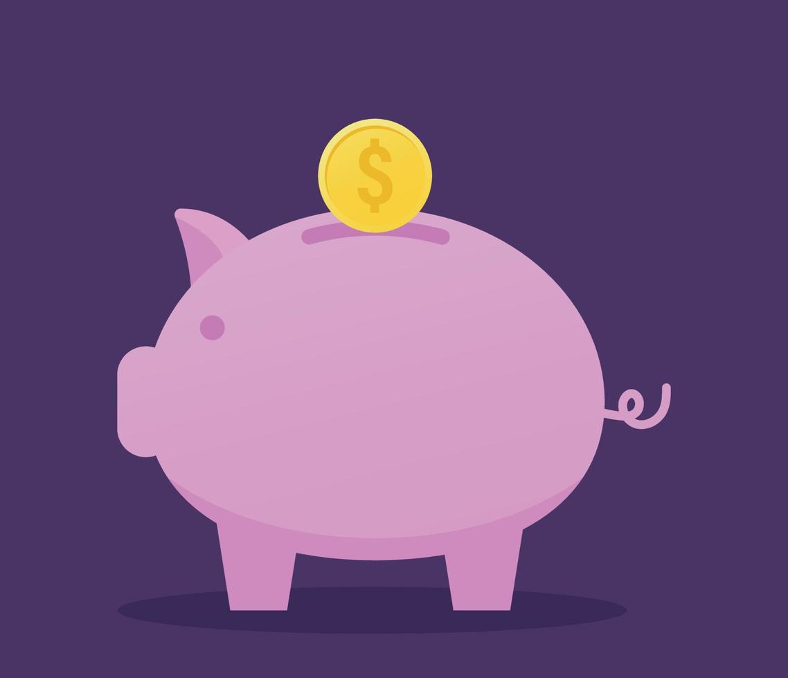 Bussiness and finance illustration piggy bank with money coins isolated on purple background vector