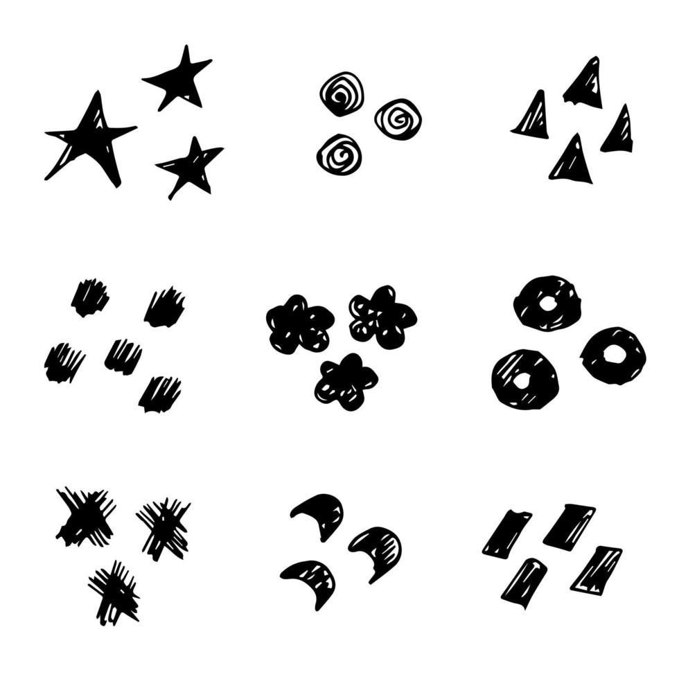 conjunto de garabatos vectoriales simples. elementos abstractos negros, trazos, manchas, espirales, círculos, triángulos, estrellas sobre un fondo blanco. para crear un patrón, diseño. vector