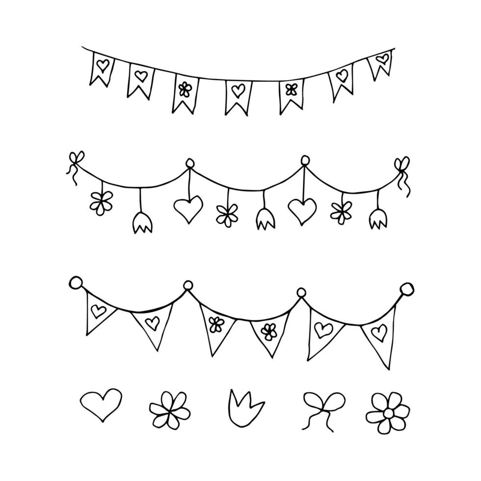 Hand-drawn black outline on a white background. Simple vector set of holiday garlands with flowers, hearts, flags for the design of cards, banners, decor elements.