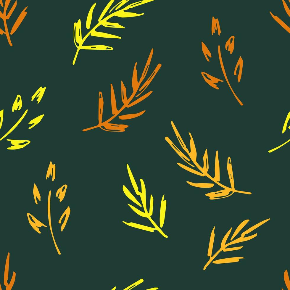 Simple floral vector seamless pattern. Yellow, orange twigs, leaves on a dark green background. For prints of fabric, packaging, clothing.