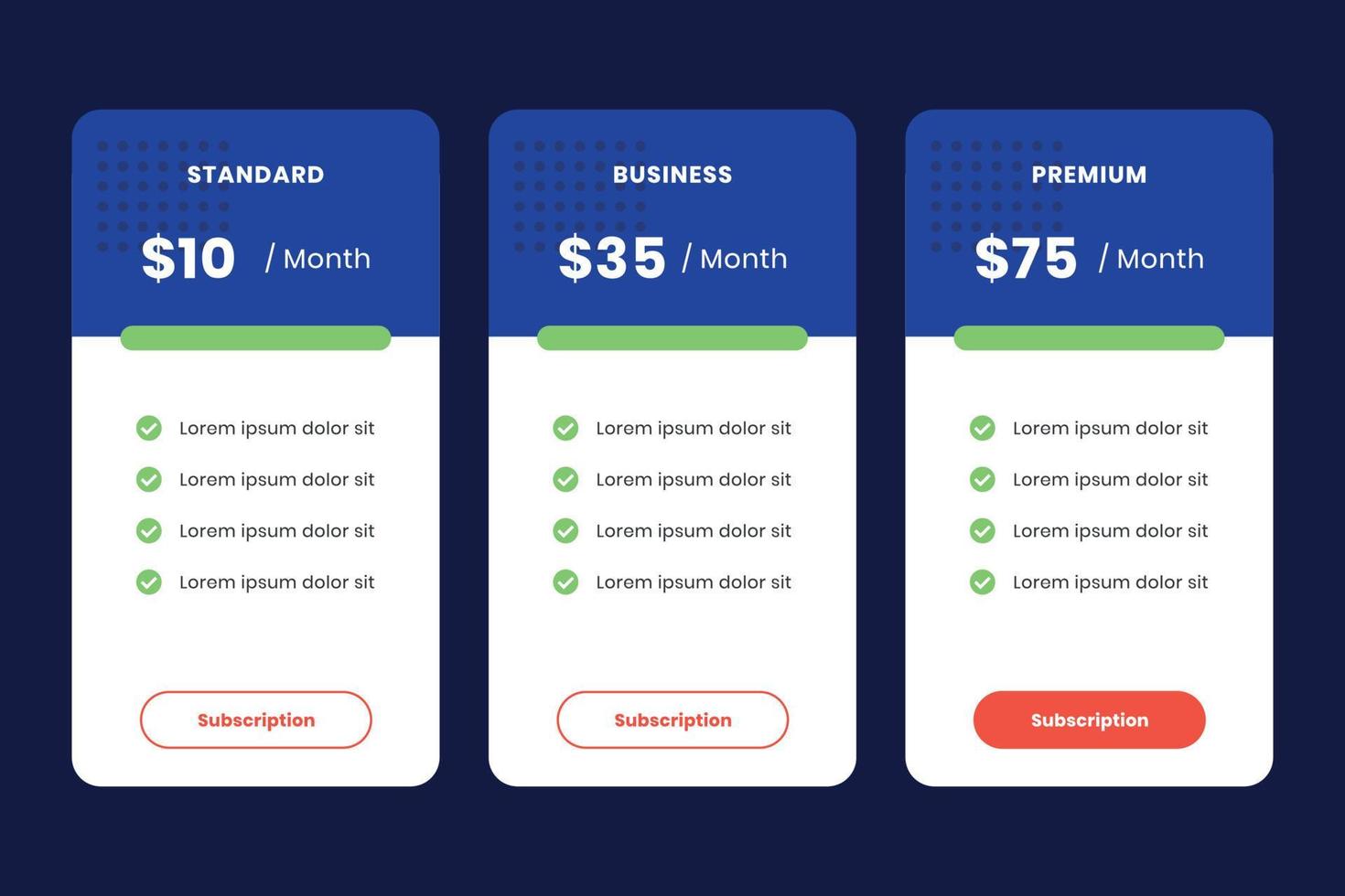 Modern price list design template vector. Suitable for content landing page. Elegant pricelist vector