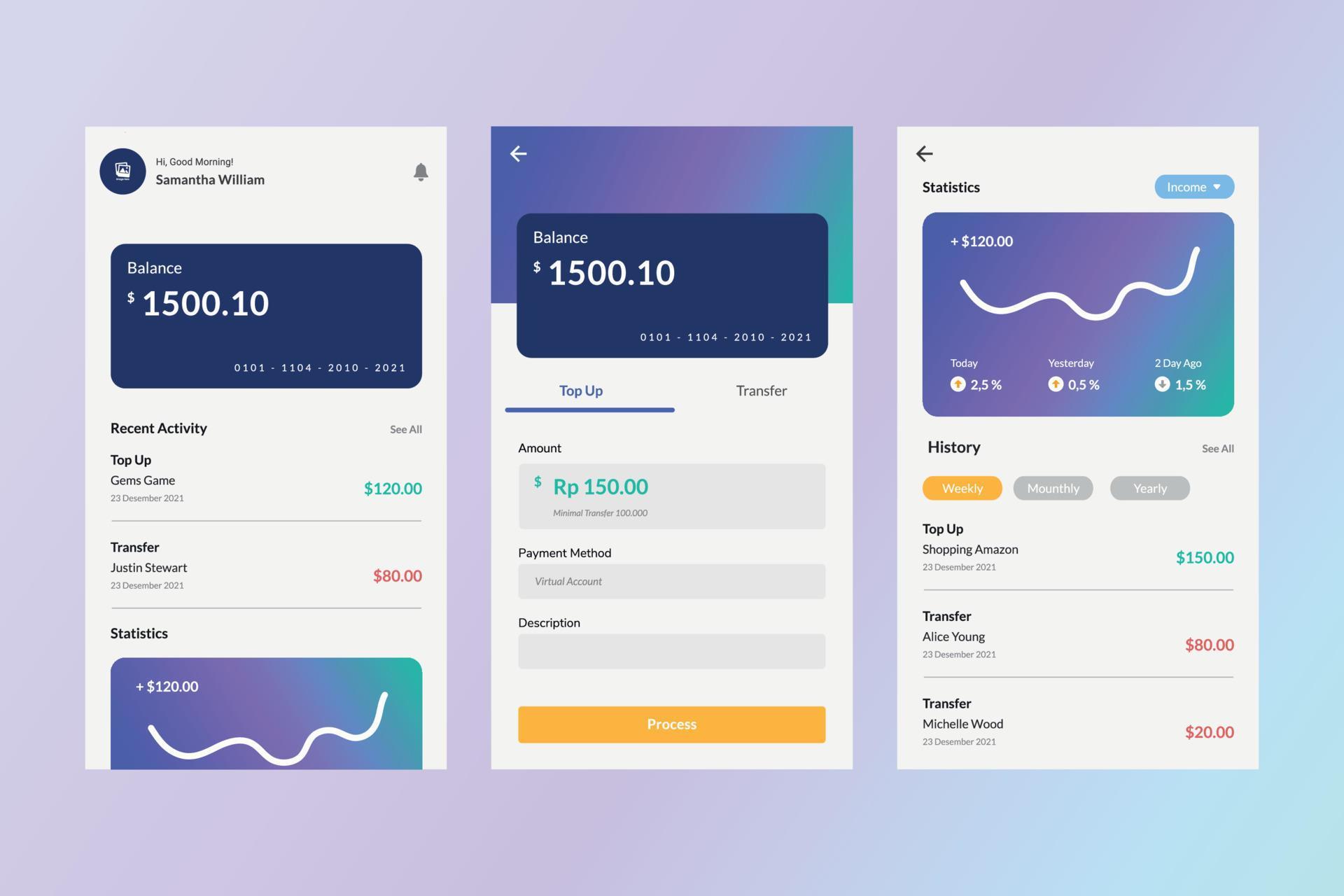 Simple wallet ui design template vector. Mobile app ui kit. Gradient