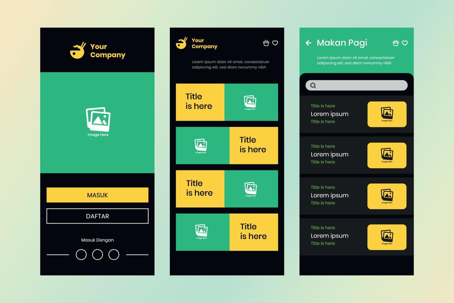 Modern ui kit design template vector. Food delivery mobile app. Dark mode style vector