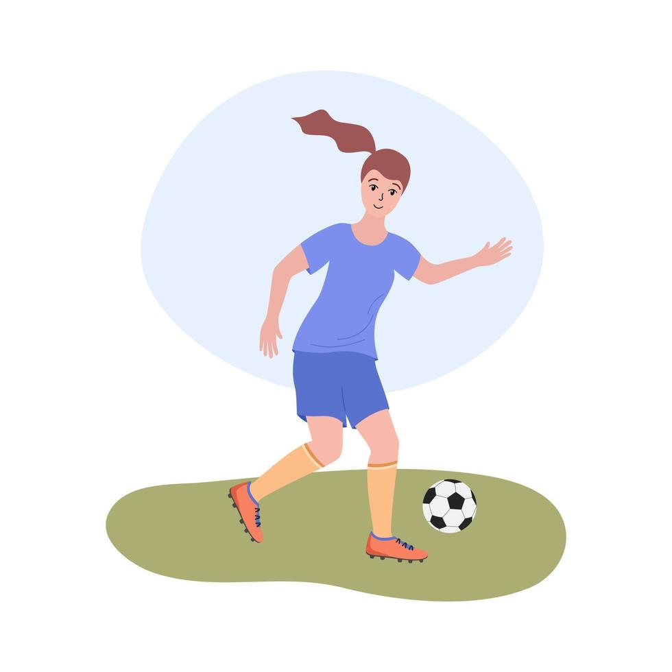 Womens football. Female soccer. Flat vector illustration of woman playing football. Girl player isolated