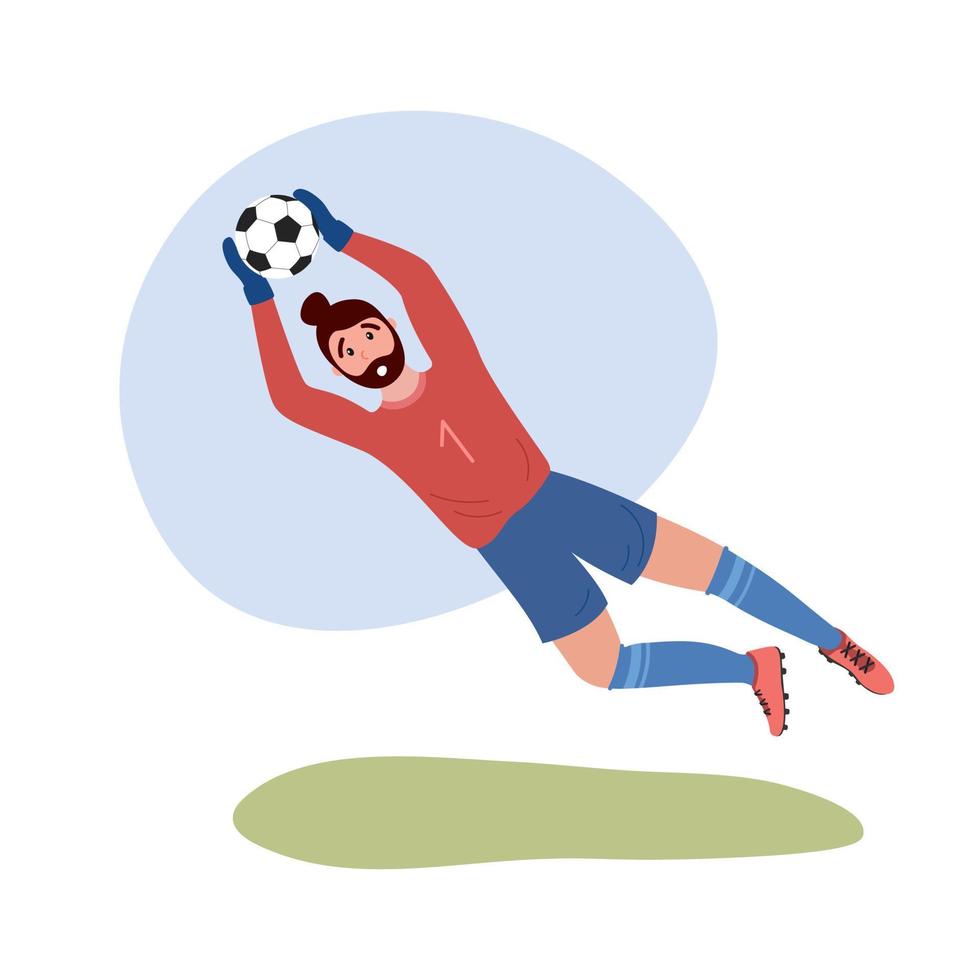 portero de fútbol aislado. jugador de portero de fútbol saltando y atrapando la pelota. ilustración vectorial plana del hombre jugando al fútbol vector
