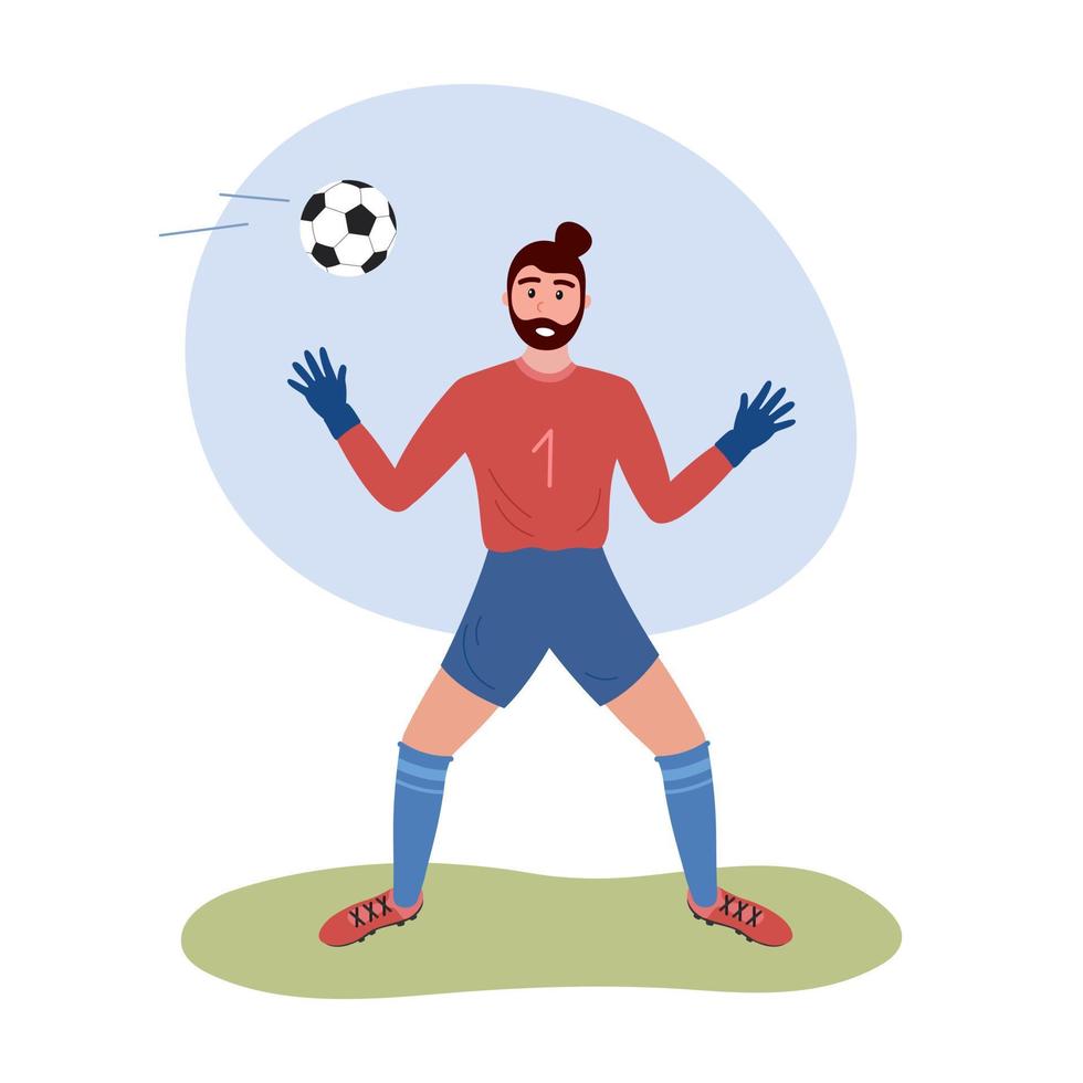 Football goalkeeper isolated. Soccer goalie player standing and catching ball. Flat vector illustration of focused professional man playing football