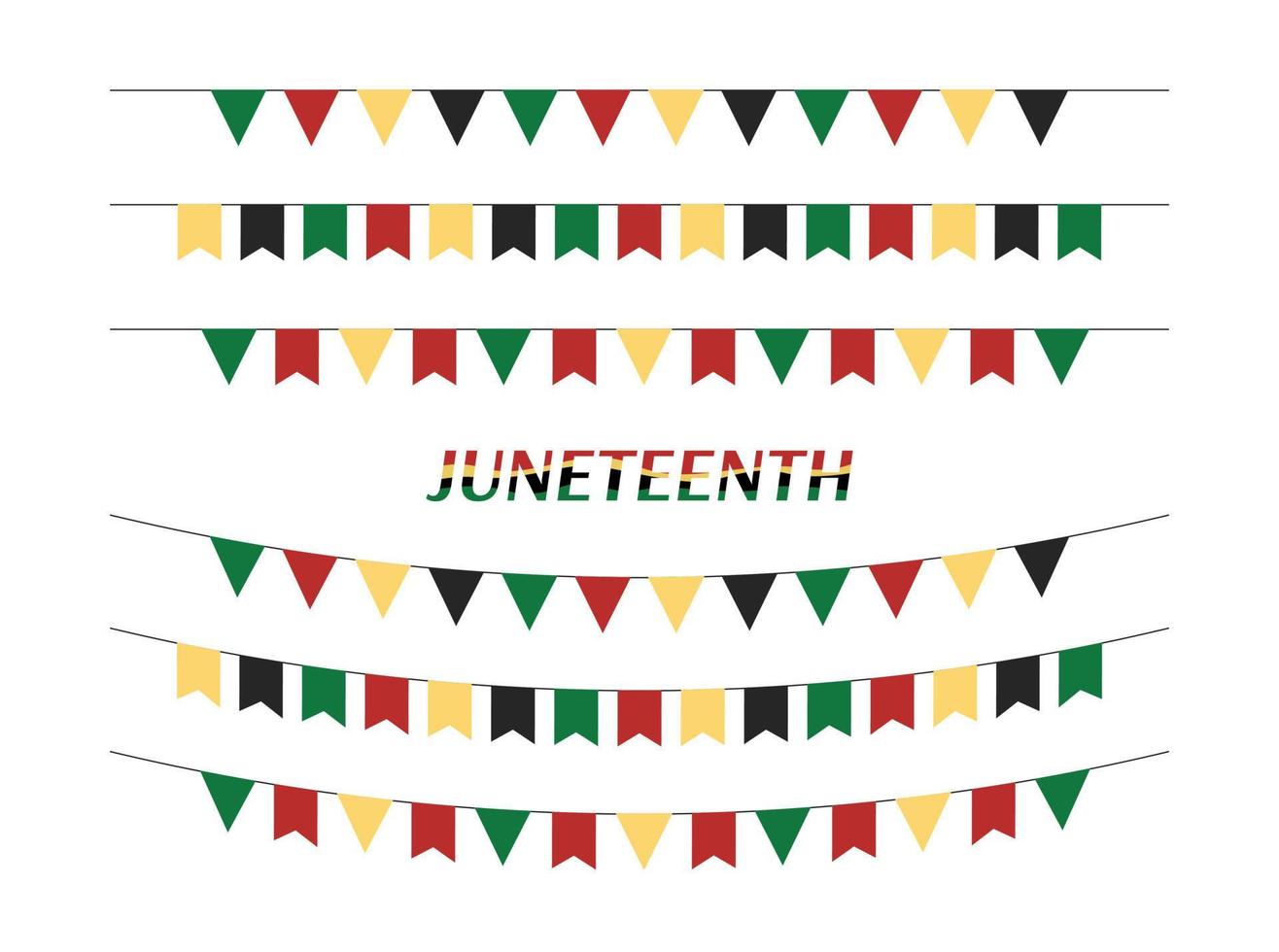 Juneteenth party flags isolated. Vector set of Freedom Day garlands and buntings in traditional african colors. Juneteenth triangular and rectangular flags collection