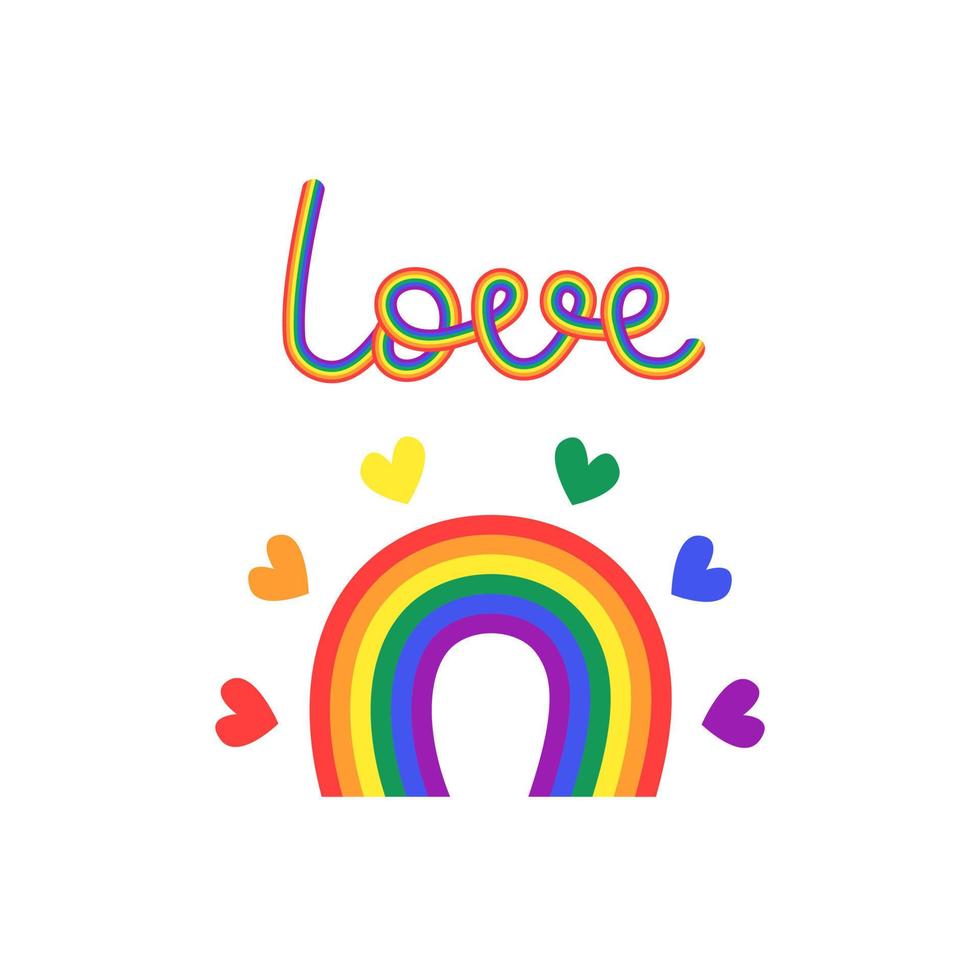 LGBT rainbow isolated. Love word lettering. Cute colorful hand drawn rainbow and hearts. Pride month symbol. Vector illustration