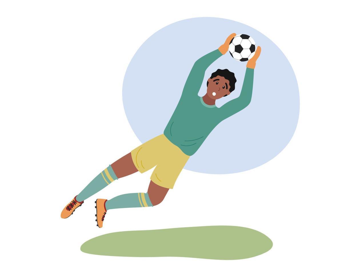 portero de fútbol aislado. jugador de portero de fútbol saltando y atrapando la pelota. ilustración vectorial plana del hombre jugando al fútbol vector