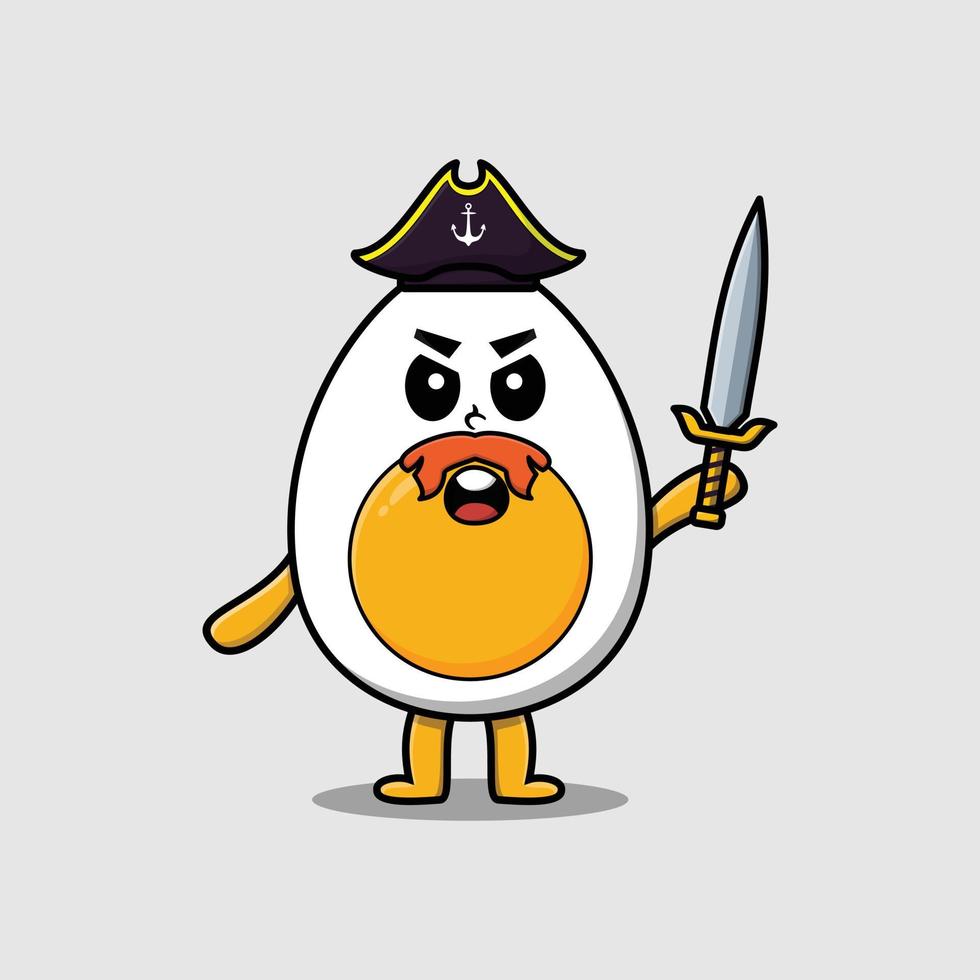 Cute cartoon boiled egg pirate with hat and sword vector