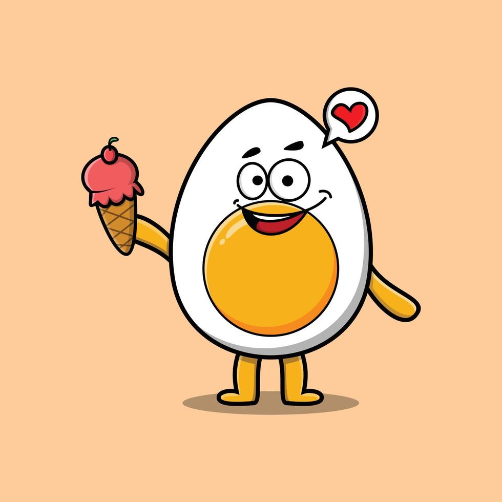 lindo huevo cocido de dibujos animados con cono de helado vector