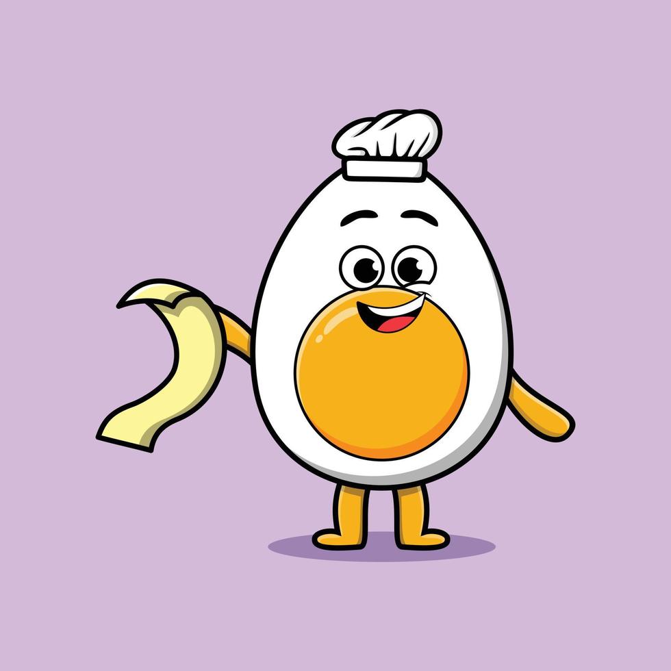 Cute cartoon boiled egg chef with menu in hand vector