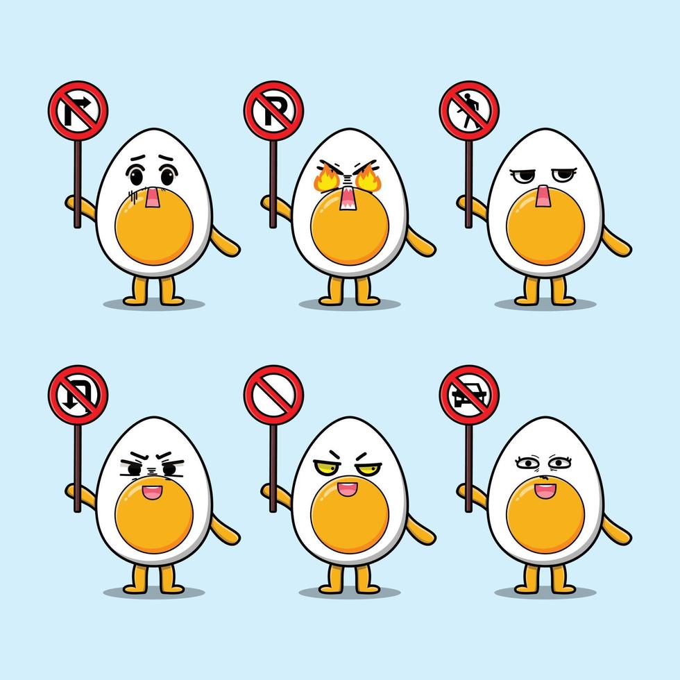 Cute boiled egg cartoon holding traffic sign vector