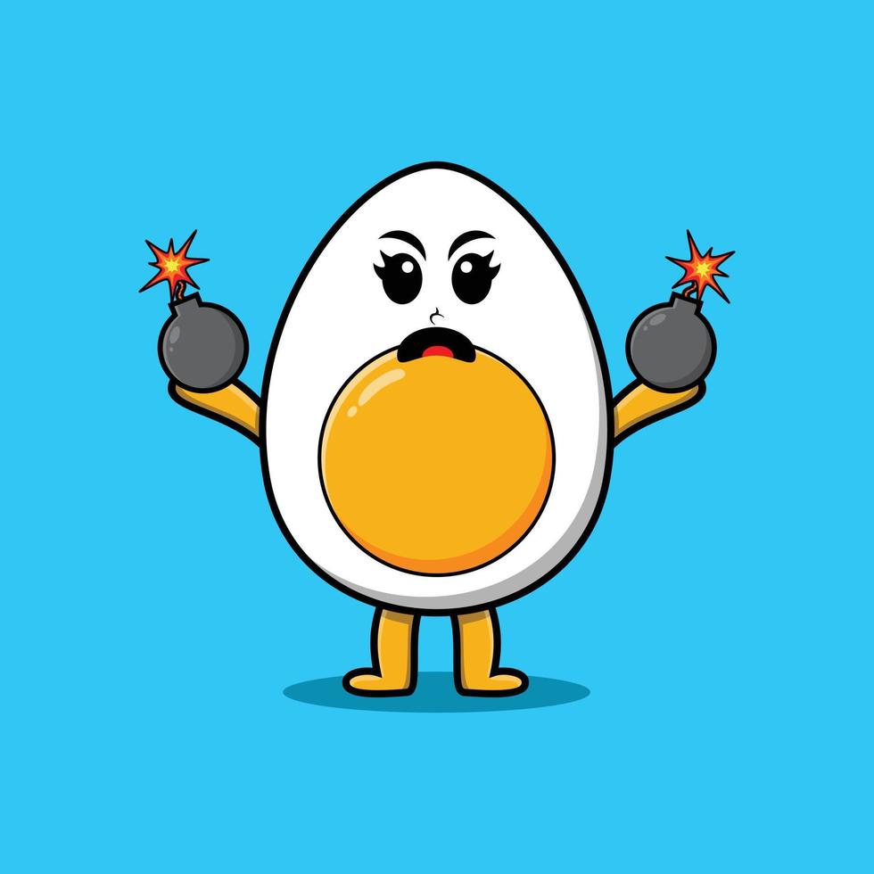 Cute cartoon boiled egg holding bomb vector