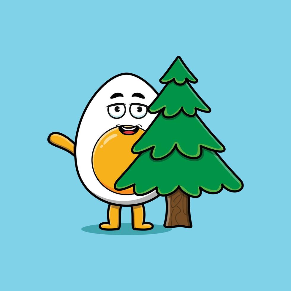 lindo personaje de dibujos animados huevo cocido árbol escondido vector