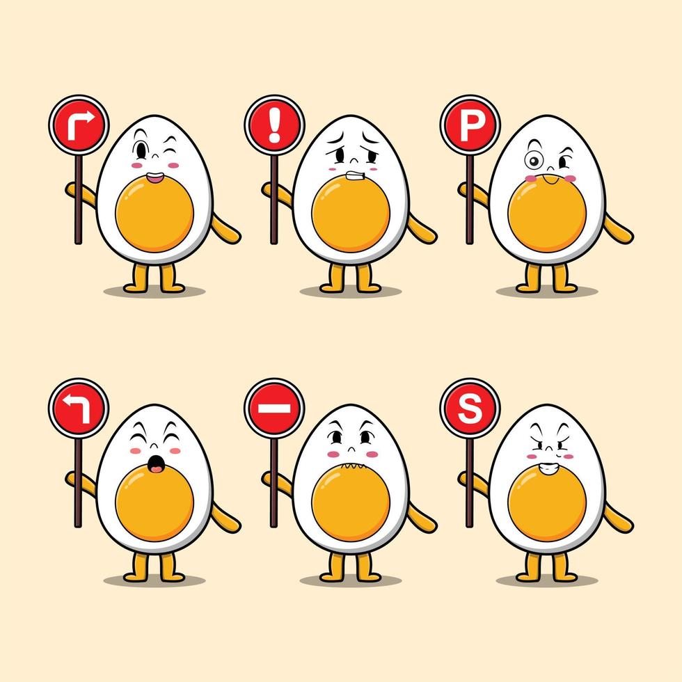 Cute boiled egg cartoon holding traffic sign vector