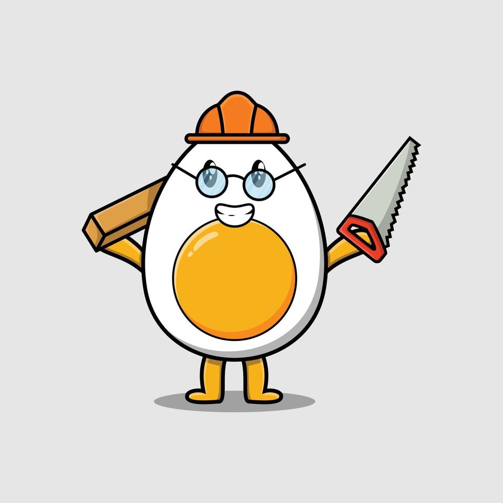 cartoon boiled egg as carpenter with saw and wood vector