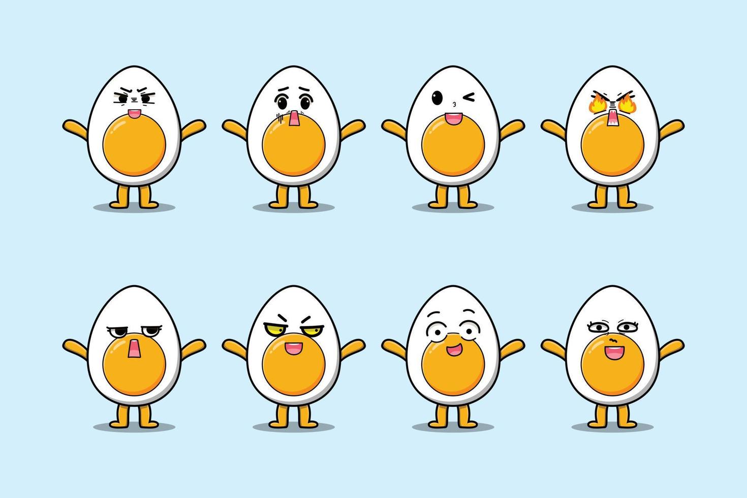 Establecer kawaii huevo cocido dibujos animados expresión diferente vector