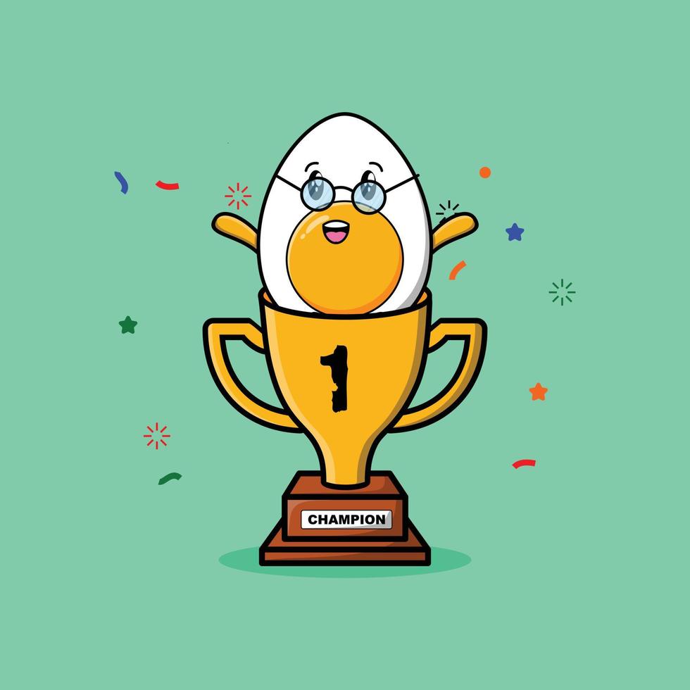 lindo personaje de huevo cocido de dibujos animados en trofeo vector