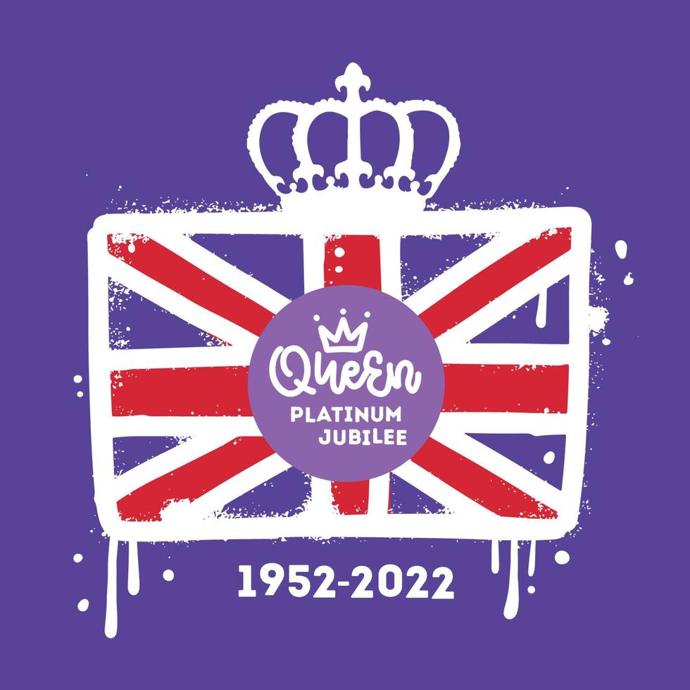 la celebración del jubileo de platino de la reina se une a la union jack, la corona y el texto. 1952-2022. estilo graffiti urbano con salpicaduras y gotas. ilustración dibujada a mano con textura vectorial vector