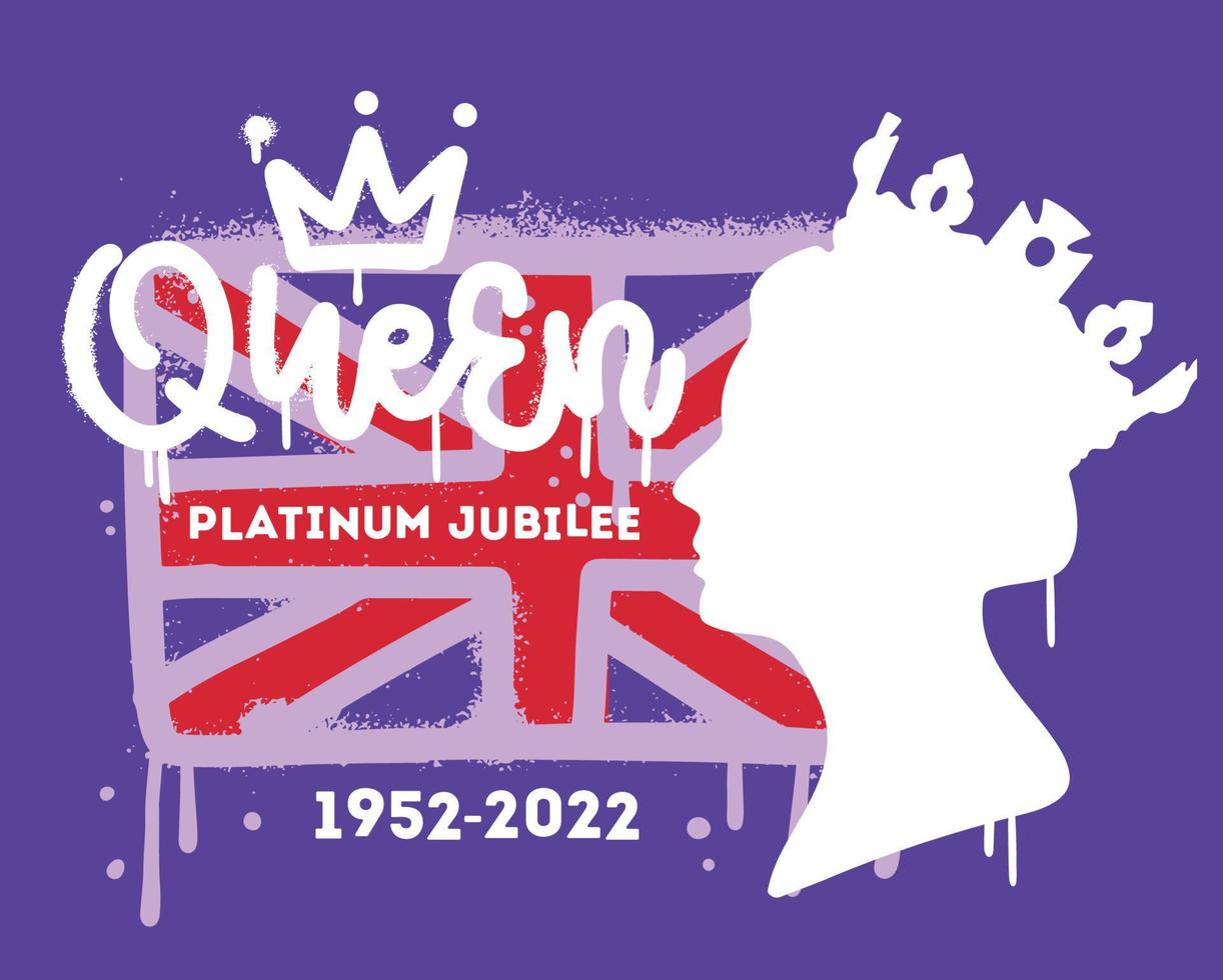 Urban graffiti for Queen Platinum Jubilee 1952-2022 with flag, female profile and crown. Greeting card for celebrate. Vector textured hand drawn illustration or banner, badge, flyer, brochure.