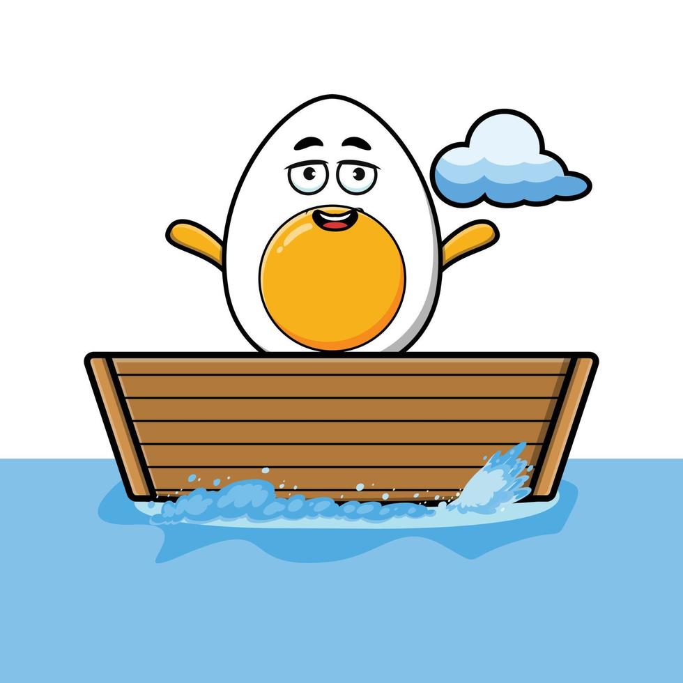 lindo huevo cocido de dibujos animados sube al barco vector