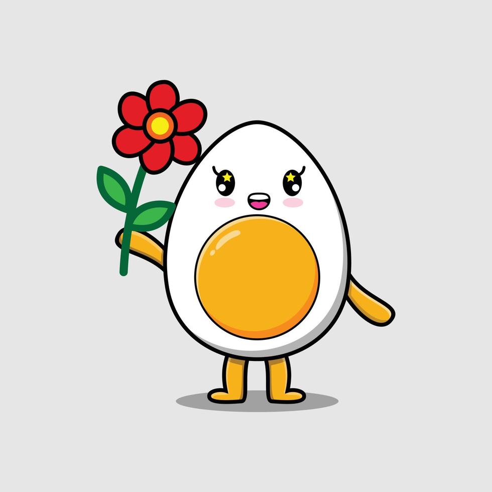 Cute cartoon boiled egg  holding red flower vector