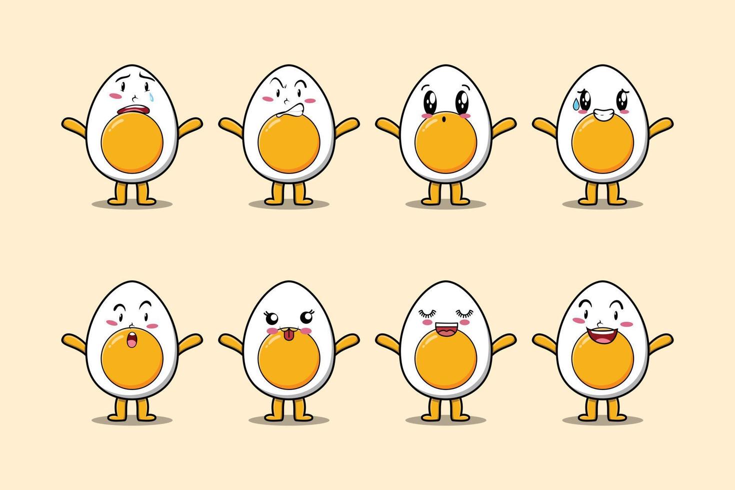 Establecer kawaii huevo cocido dibujos animados expresión diferente vector