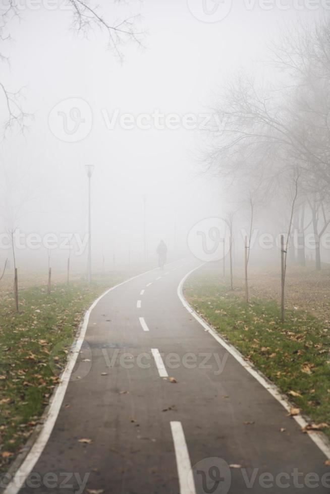Bike path in the foggy winter day photo