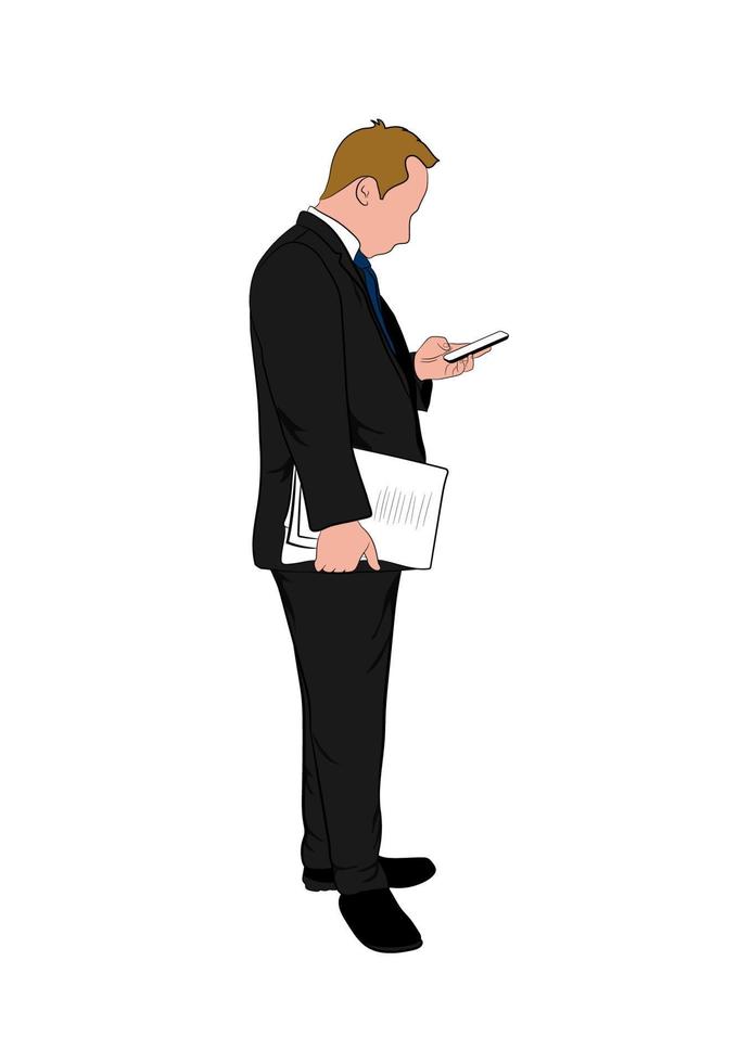 Businessman standing and using smartphone for connection technology vector illustration