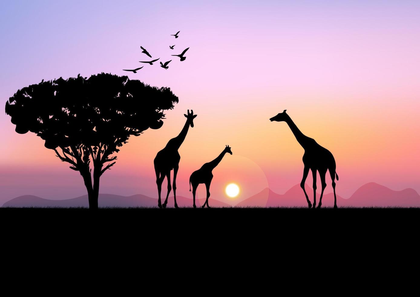 graphics landscape view giraffe at the forest with mountain background and twilight silhouette vector illustration