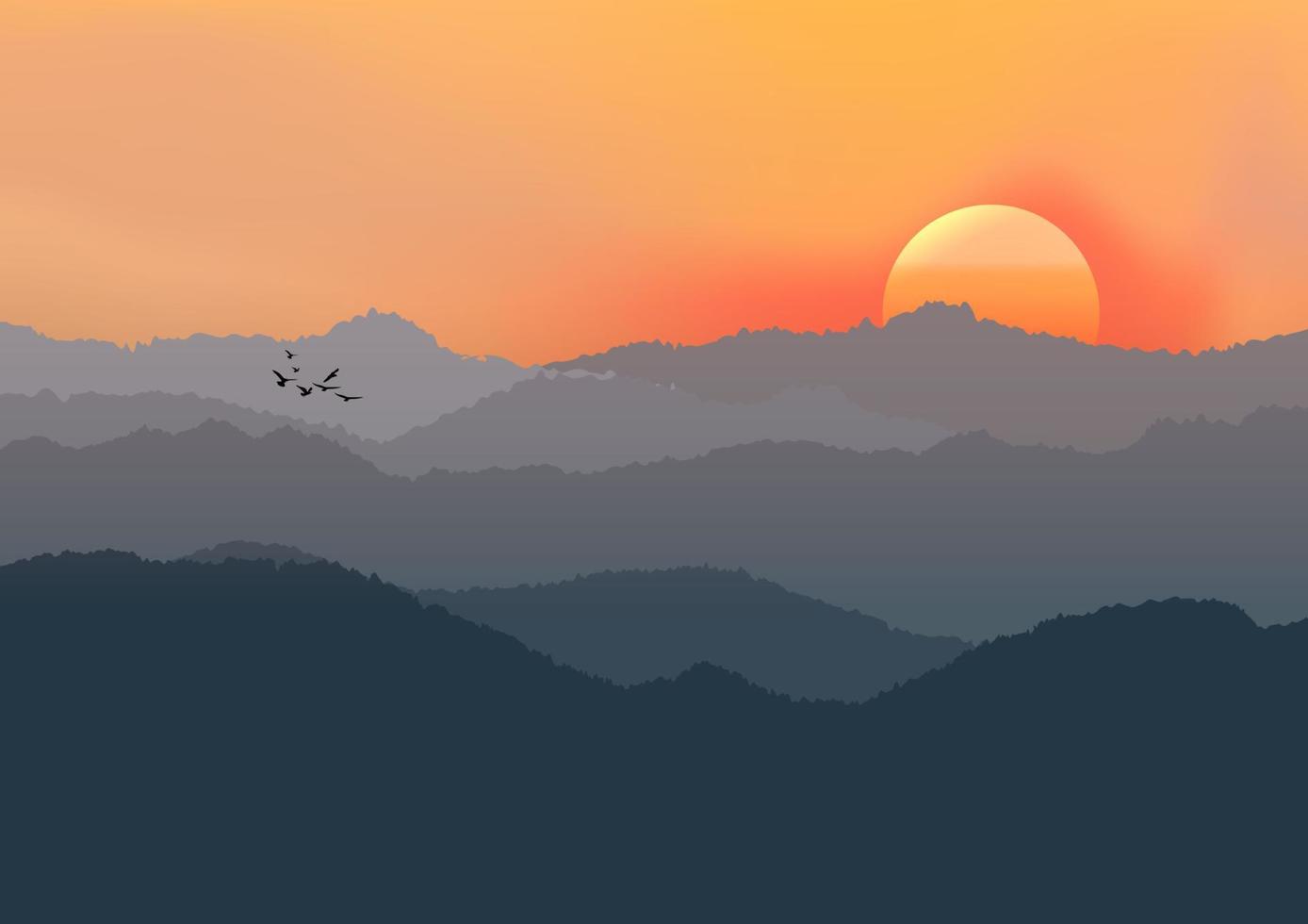 gráficos dibujo paisaje vista puesta de sol al aire libre con ilustración de vector de montaña