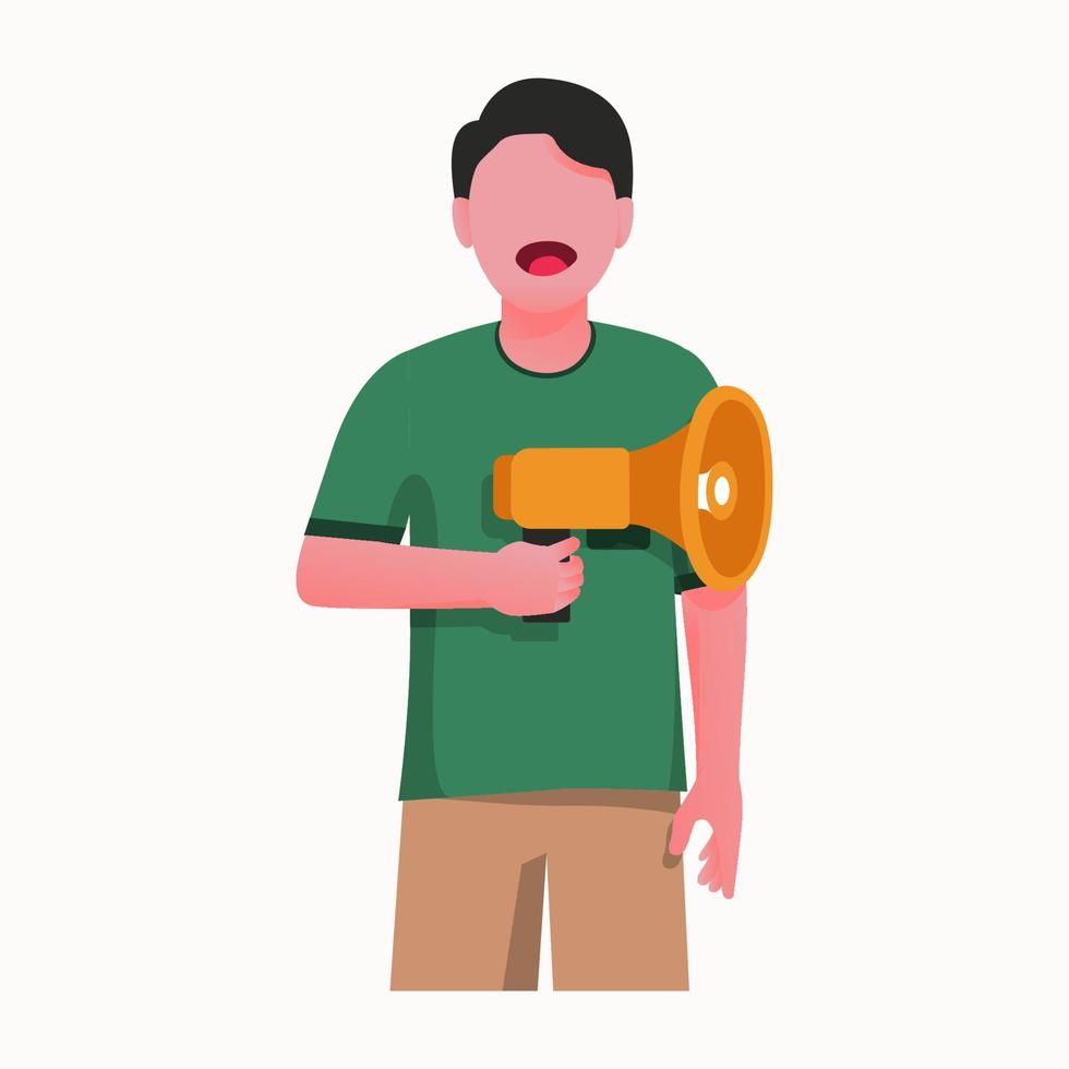 Man holding megaphone smiling happily flat design vector