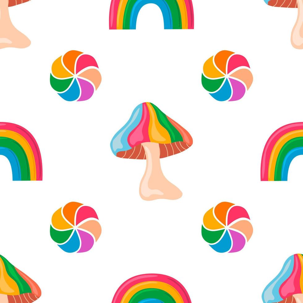 Rainbow fantasy vector seamless pattern with mushrooms