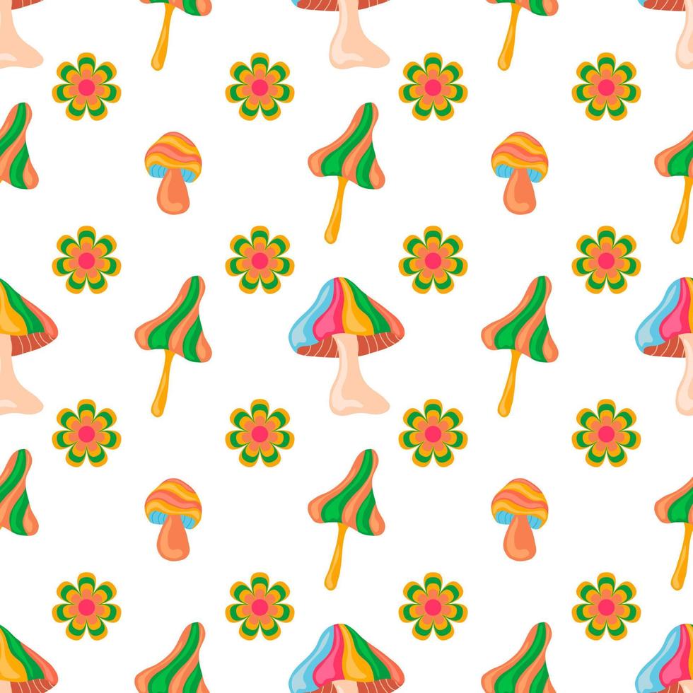Psychedelic fantasy mushroom and daisy vector seamless pattern