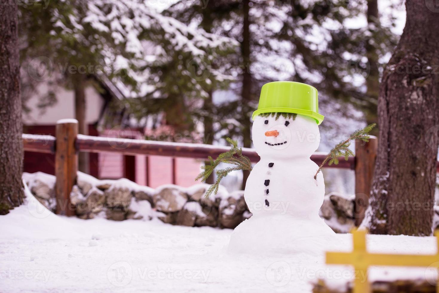 muñeco de nieve sonriente con sombrero verde foto