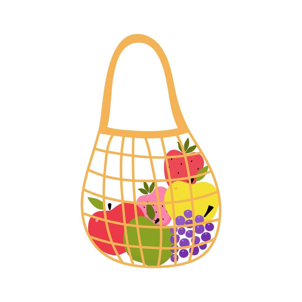 bolsa de tortuga llena de frutas. tienda de comestibles. vector de estilo de dibujos animados. Entrega de productos desde tienda. alimentos naturales orgánicos saludables. Ilustración de vector lindo plano moderno. concepto ecológico