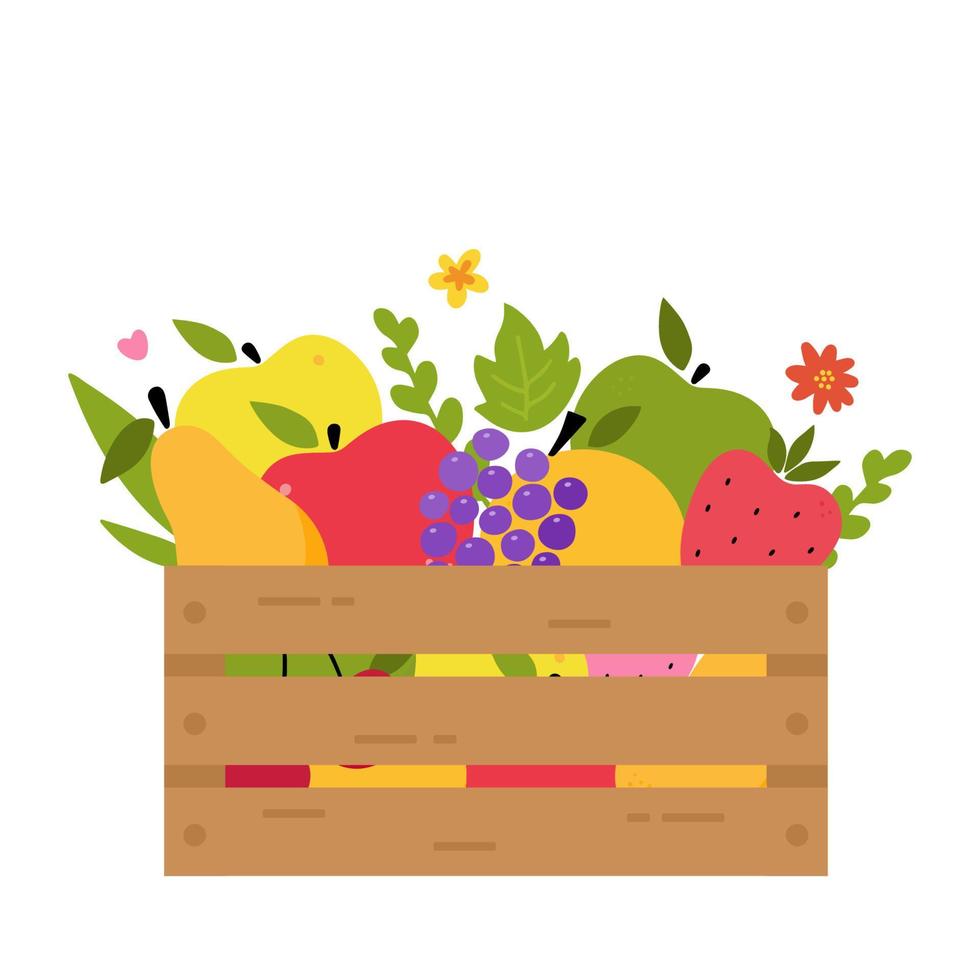 Wooden box full of fruits. Grocery store. Cartoons style vector. Delivery of products from store. Healthy organic natural food. Modern flat cute vector illustration. Farm market, harvest