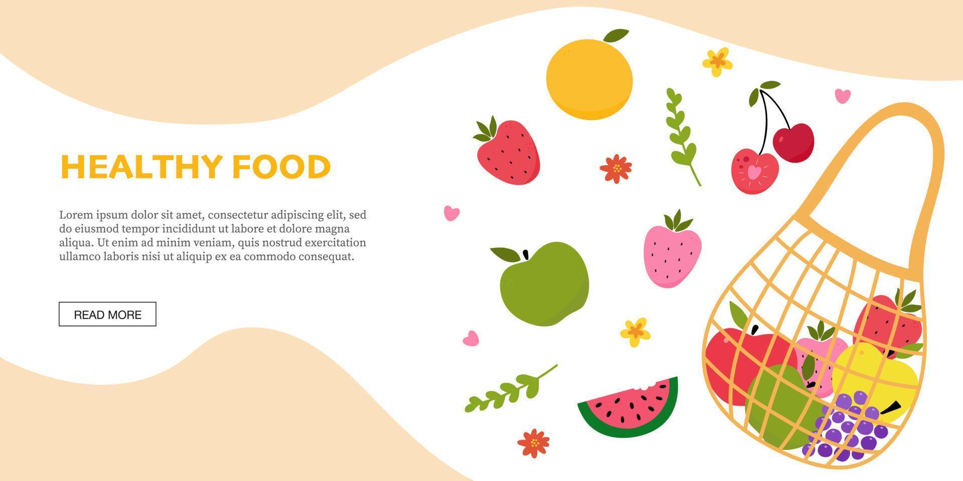 banner moderno con bolsa de tortuga llena de frutas. diseño de banner web de compras de comestibles orgánicos para tienda, mercado en línea, ilustración de vector plano de entrega a domicilio. fondo horizontal. cartel de frutas