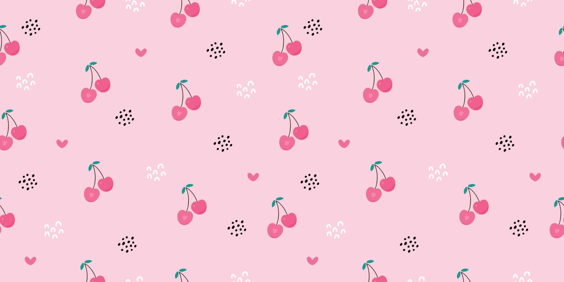 Seamless pattern of cherry fruit with green leaves, dots and hearts. Vector illustration. Cute cartoon fruit pattern, design for print, wrapping paper, packaging, web, fabric, textile, fruit shops