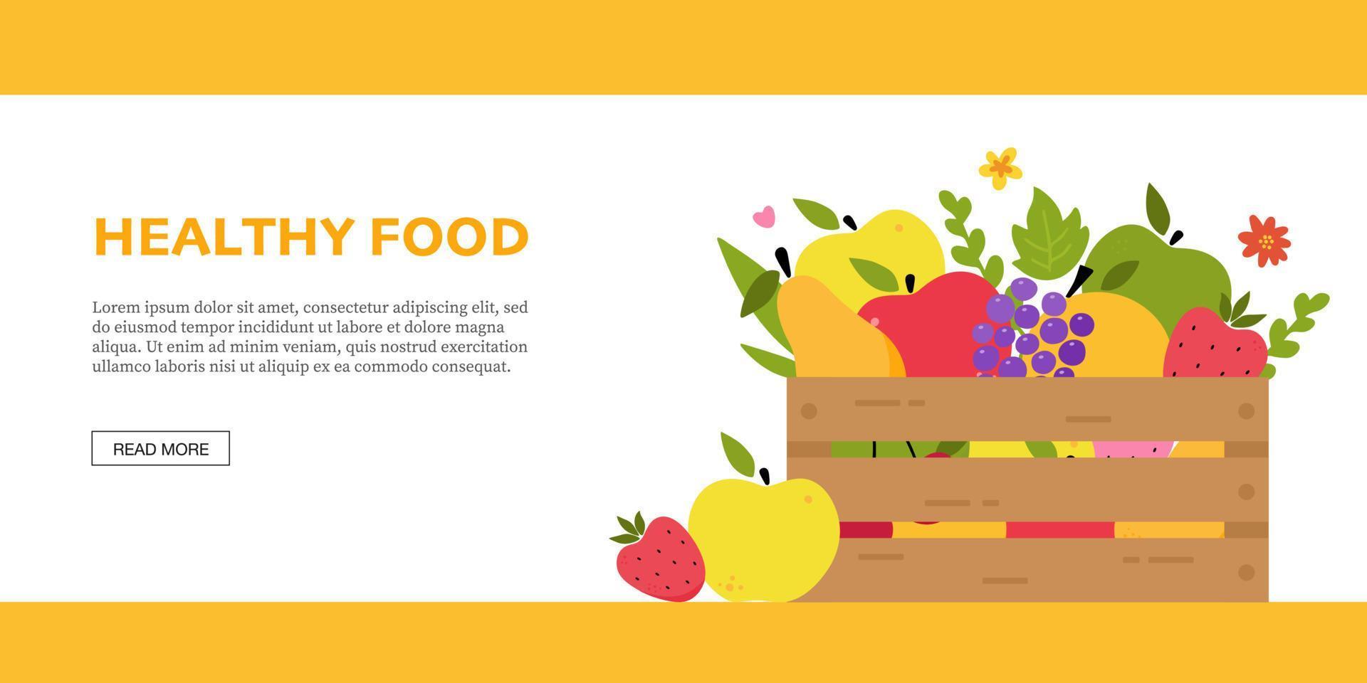 banner moderno con caja de madera llena de frutas. diseño de banner web de compras de comestibles orgánicos para tienda, mercado en línea, ilustración de vector plano de entrega a domicilio. fondo horizontal. cartel de frutas