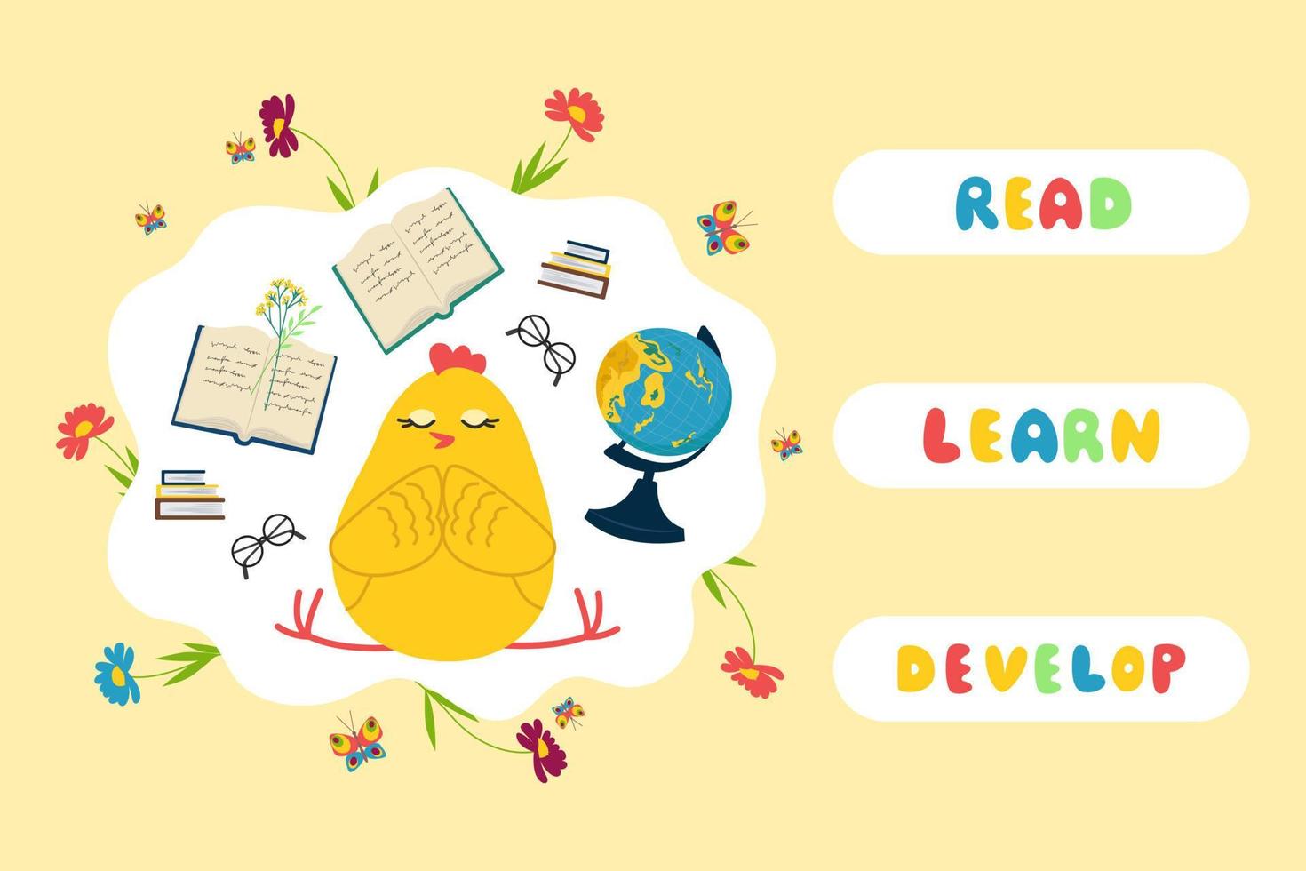 Cute chickens, Educational games for kids, Read, Learn, Develop banner. Vector illustration