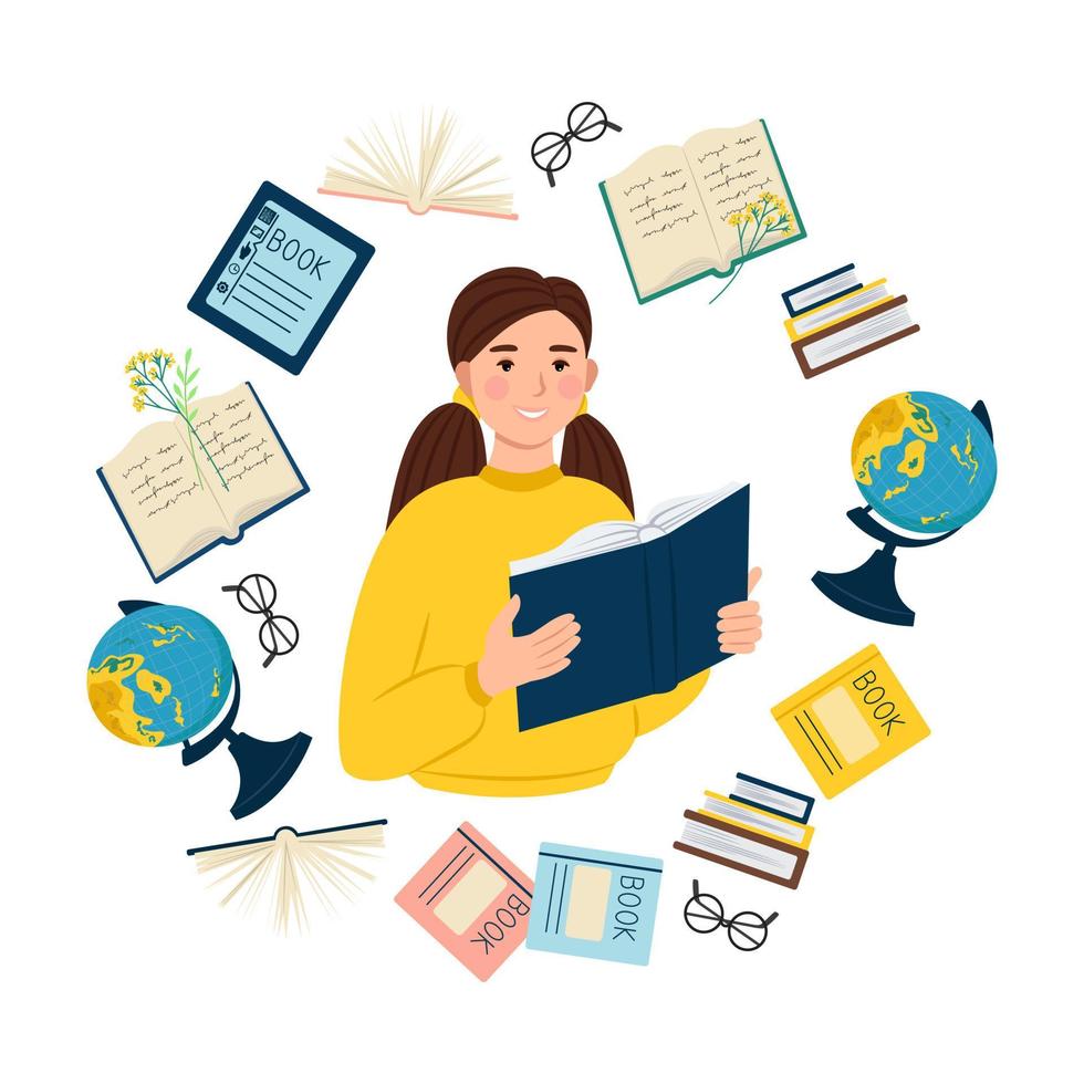 Girl with a book in her hands. globe, books, notebooks, glasses, tablet around the girl. Education and training. Vector illustration
