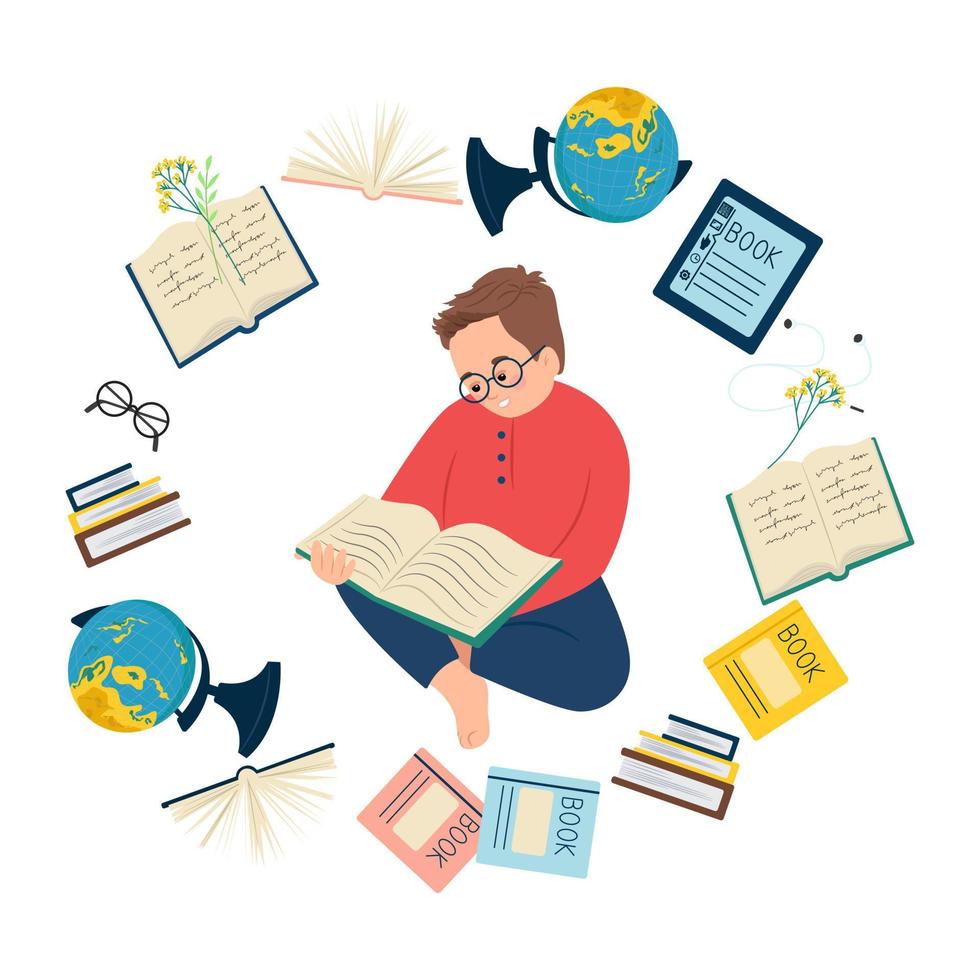 Boy with a book in his hands. globe, books, notebooks, glasses, tablet around the boy. Education and training. Vector illustration.