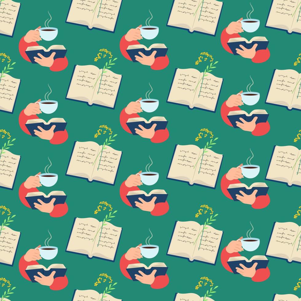 Unfolded book, book in hands and cup of coffee seamless pattern. Vector illustration