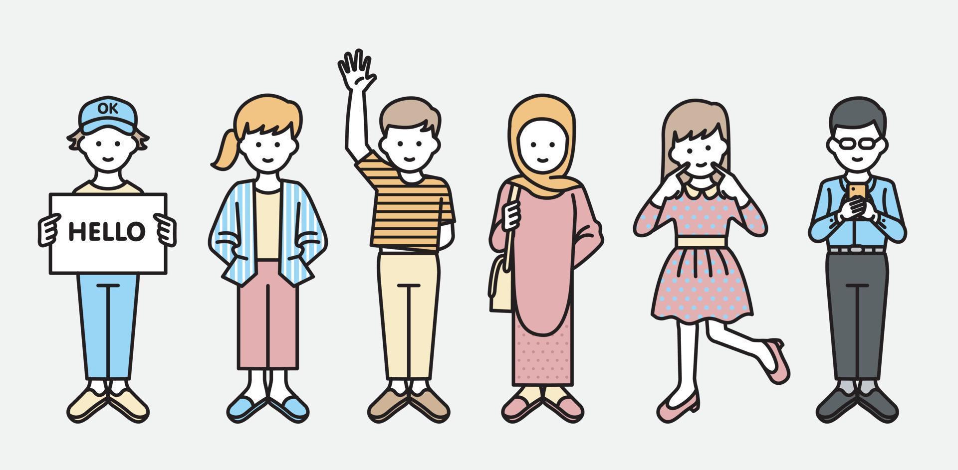 People characters standing together set. Different ethnic multicultural flat line art style isolated vector